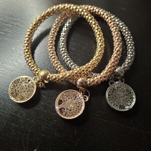 Three-Tone Tree of Life Charm Bracelet Set - Gold, Rose Gold & Silver